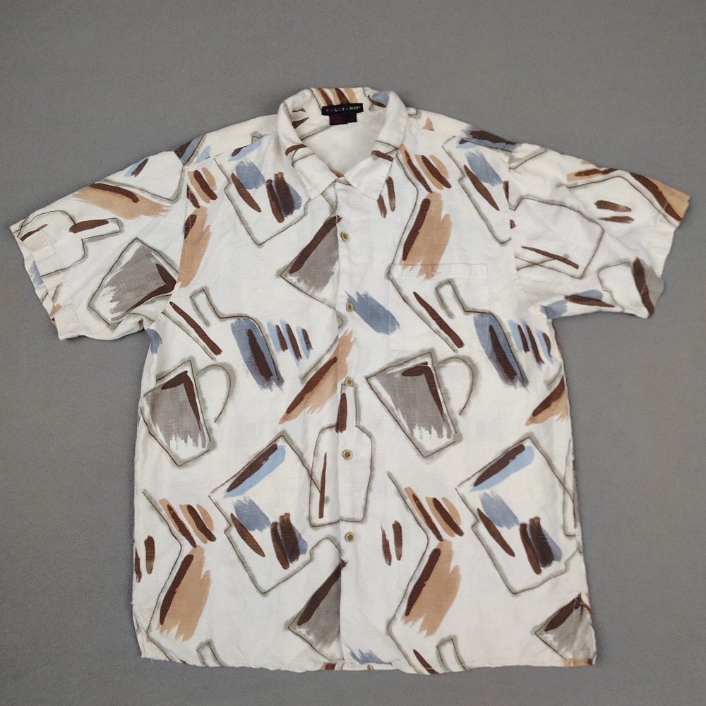 Vintage Tulliano 100% Silk Shirt Men Large Cream Coffee Funky‎ Abstract Art 90s